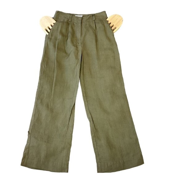 Monoprix Premium Sz 36 Woven Olive Green Cropped Pleated Trouser Pant 298H - Picture 2 of 6